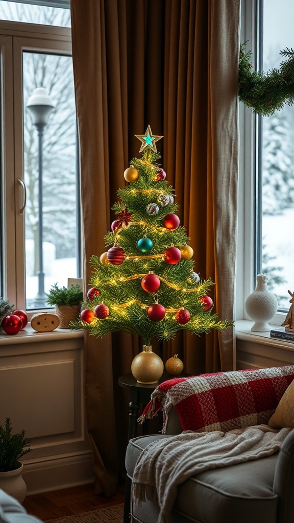 Compact Christmas Tree Ideas for Small Spaces A small, decorated tabletop Christmas tree in a cozy living room with festive decor.